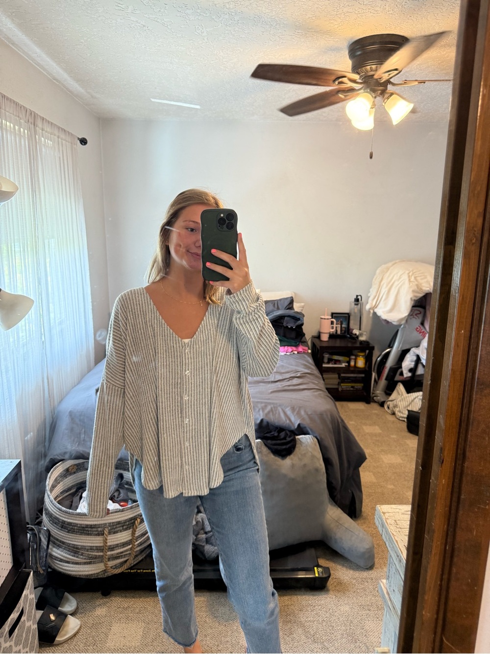 La Blanca Gray Striped V-Neck Button-Front Women's Top